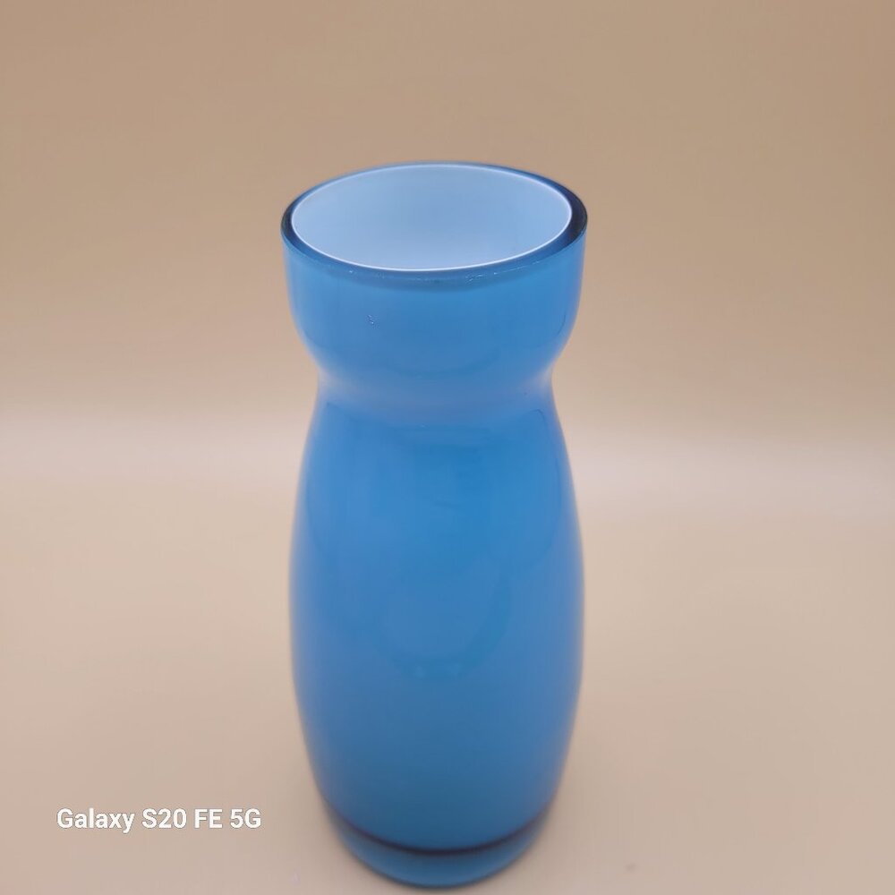 Beautiful Blue Glass Flower Bud Vase Incased White Clear Bottom